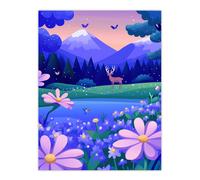 Artery8 Deer Butterflies Magical Forest Wildflower Meadow Wall Art Print in Blue | Size: W12" x H16" Artery8 Blue W12" x H16"