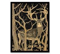 Artery8 Deer Forest Tree Tan Brown Landscape Framed Art Print | Size: A4 Artery8 Brown A4