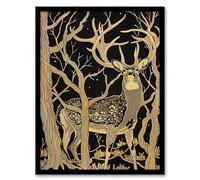 Deer Forest Tree Tan Brown Landscape Framed Art Print Artery8 Brown A4