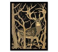 Artery8 Deer Forest Tree Tan Brown Landscape Wall Art Print - A4 Size
