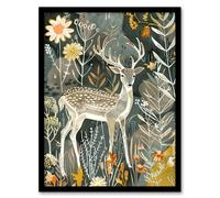 Artery8 Deer in Autumn Forest Wildflowers Animal Folk Art Framed Art Print | Size: W12" x H16" Artery8 Multicolor W12" x H16"