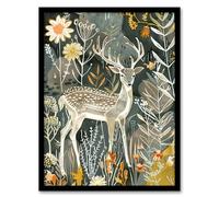 Deer in Autumn Forest Wildflowers Animal Folk Art Framed Art Print Artery8 Multi A4