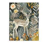 Artery8 Deer in Autumn Forest Wildflowers Animal Folk Art Living Room Extra Large XL Wall Art Poster Print