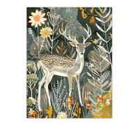 Artery8 Deer in Autumn Forest Wildflowers Animal Folk Art Living Room Large Wall Art Poster Print Thick Paper 18X24 Inch