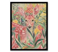 Deer in Flower Field Pastel Colour Painting Framed Art Print Artery8 Pink A4
