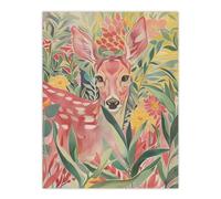 Deer in Flower Field Pastel Colour Painting Wall Art Print Artery8 Pink W24 inch x H32 inch
