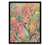 Artery8 Deer In Flower Field Pastel Colour Painting Wall Art Print - A4 Size