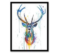 Artery8 Deer Stag Colourful Ink Splat Bright Portrait Living Room Artwork Framed Wall Art Print A4