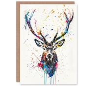 Artery8 Deer Stag Head Colourful Ink Paint Splat Birthday Card Artery8 Multicolor