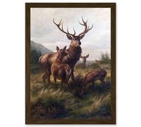 Deiker Stag Deer Antlers Doe Animal Nature Painting Artwork Framed Wall Art Print A4 Artery8 Brown One Size