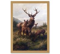 Deiker Stag Deer Antlers Doe Animal Nature Painting Artwork Framed Wall Art Print A4 Artery8 Light Oak One Size