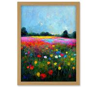 Artery8 Delicate Wildflower Meadow Abstract Colourful Modern Artwork Framed Wall Art Print A4 in Light Oak Artery8 Light Oak