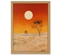 Artery8 Desert Landscape Sunset Sun Oil Painting Amber Orange Yellow Windswept Dunes Artwork Framed A3 Wall Art Print