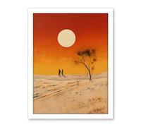 Artery8 Desert Landscape Sunset Sun Oil Painting Amber Orange Yellow Windswept Dunes Artwork Framed Wall Art Print 18X24 Inch