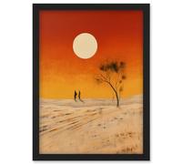 Artery8 Desert Landscape Sunset Sun Oil Painting Amber Orange Yellow Windswept Dunes Artwork Framed Wall Art Print A4