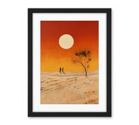 Artery8 Desert Landscape Sunset Sun Oil Painting Amber Orange Yellow Windswept Dunes Artwork Framed Wall Art Print 18X24 Inch