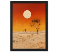 Artery8 Desert Landscape Sunset Sun Oil Painting Amber Orange Yellow Windswept Dunes Artwork Framed A3 Wall Art Print