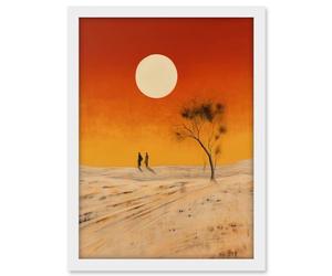 Artery8 Desert Landscape Sunset Sun Oil Painting Amber Orange Yellow Windswept Dunes Artwork Framed A3 Wall Art Print
