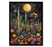 Artery8 Desert Mystic Cactus Wildflowers Starry Night For Living Room Artwork Framed Wall Art Print 18X24 Inch