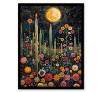 Artery8 Desert Mystic Cactus Wildflowers Starry Night For Living Room Artwork Framed Wall Art Print A4