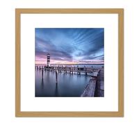 Artery8 DeSousa Lake Neusiedl Austria Sunset Lighthouse Photo 8X8 Inch Square Wooden Framed Wall Art Print Picture with Mount in Light Oak Artery8 Light Oak