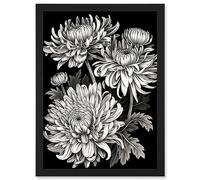 Artery8 Detailed Black and White Chrysanthemum Flowers Artwork Framed Wall Art Print A4