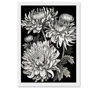Artery8 Detailed Black and White Chrysanthemum Flowers Artwork Framed Wall Art Print A4