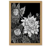 Artery8 Detailed Black and White Dahlia Flower Blooms Artwork Framed A3 Wall Art Print