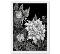 Artery8 Detailed Black and White Dahlia Flower Blooms Artwork Framed Wall Art Print A4