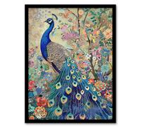 Detailed Blue Peacock Wildflower Forest Painting Framed Art Print Artery8 Green W12 inch x H16 inch