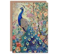 Artery8 Detailed Blue Peacock Wildflower Forest Painting Greeting Birthday Card Him Her All Blank