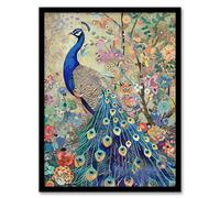 Artery8 Detailed Blue Peacock Wildflower Forest Painting Living Room Art Print Framed Poster Wall Decor 12x16 inch