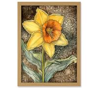 Artery8 Detailed Daffodil Flower Watercolour Art Nouveau Artwork Framed A3 Wall Art Print