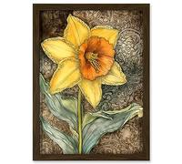Artery8 Detailed Daffodil Flower Watercolour Art Nouveau Artwork Framed A3 Wall Art Print