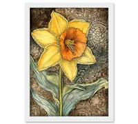 Artery8 Detailed Daffodil Flower Watercolour Art Nouveau Artwork Framed A3 Wall Art Print