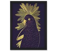 Artery8 Detailed Stylish Dark Deep Purple Yellow Gold Parrot Tropical Plant Illustration Artwork Framed Wall Art Print A4 in Black Artery8 Black