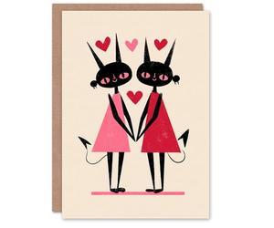 Artery8 Devil Girls Holding Hands Modern Illustration Valentine's Day Card