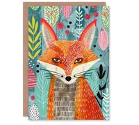 Artery8 Devious Fox in Garden Folk Art Pattern Design Greeting Birthday Card Him Her All Blank