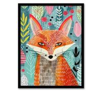 Artery8 Devious Fox in Garden Folk Art Pattern Design Kids Bedroom Artwork Framed Wall Art Print 18X24 Inch