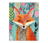 Devious Fox in Garden Folk Art Pattern Design Wall Art Print Artery8 Multi W24 inch x H32 inch