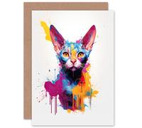 Artery8 Devon Rex Cat Lover Gift Pet Portrait Purple Blue Orange Artwork Painting Sealed Greeting Card Plus Envelope Blank inside