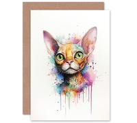 Artery8 Devon Rex Cat Lovers Gift Watercolour Pet Portrait Painting Artwork Sealed Greeting Card Plus Envelope Blank inside
