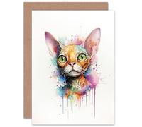 Artery8 Devon Rex Cat Lovers Gift Watercolour Pet Portrait Painting Artwork Sealed Greeting Card Plus Envelope Blank inside