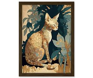 Artery8 Devon Rex Cat with Flower Pattern Fur Modern Illustration Artwork Framed A3 Wall Art Print