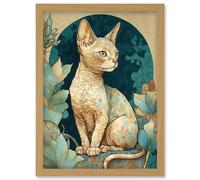 Devon Rex Cat with Pattern Fur Art Nouveau Modern Illustration Artwork Framed Wall Art Print A4 Artery8 Light Oak One Size