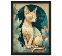 Devon Rex Cat with Pattern Fur Art Nouveau Modern Illustration Artwork Framed Wall Art Print A4 Artery8 Black One Size