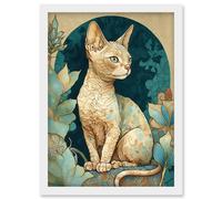 Devon Rex Cat with Pattern Fur Art Nouveau Modern Illustration Artwork Framed Wall Art Print A4 Artery8 White One Size