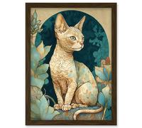 Devon Rex Cat with Pattern Fur Art Nouveau Modern Illustration Artwork Framed Wall Art Print A4 Artery8 Brown One Size