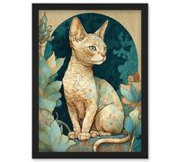 Devon Rex Cat with Pattern Fur Art Nouveau Modern Illustration Artwork Framed Wall Art Print A4 Artery8 Black One Size