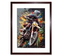 Artery8 Dirt Bike Sport Splatter Paint Motocross Rider Artwork Framed Wall Art Print 12X16 Inch